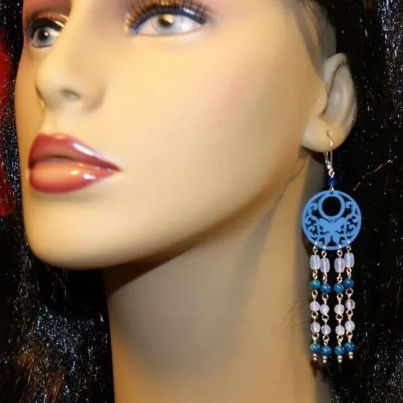 Handmade Blue Wooden Butterflies, Opalite, & Fossil Stone Chandelier Earrings - Picture 3 of 5